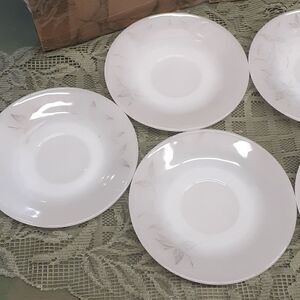 9-pc Vintage Federal milk glass set of saucers clover blossoms gold details